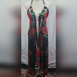 Y2K Vacation Boho Sz Large Floral Maxi Dress - Black and Red